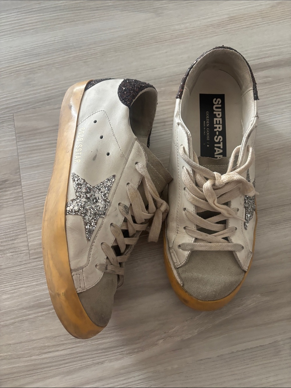 Golden Goose Cream Sneakers with Silver Glitter Star